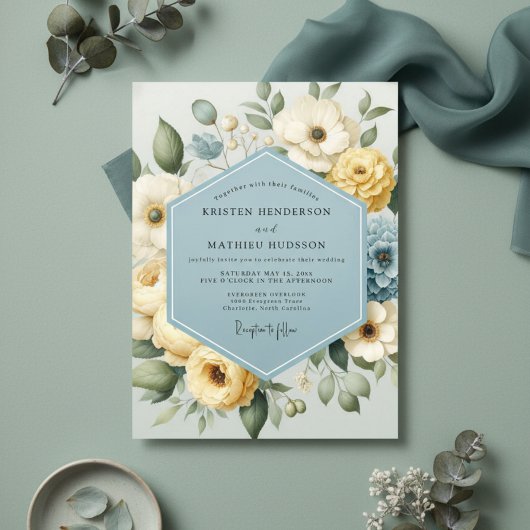 Pale Yellow Floral Whimsical Wedding Kaart