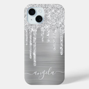 Pale Zilveren Glitterdruppels Glam Handtekening iPhone 15 Case
