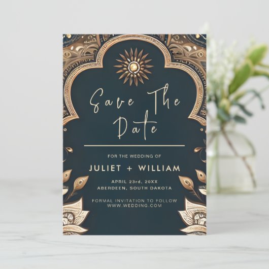 Paleis Hindi Henna Mehndi Indiase stijl bruiloft Save The Date (Staand voorkant)