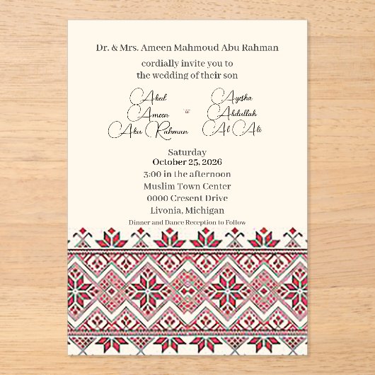 Palestijnse Tatreez 2 acryl wo. Uitnodiging (Voorkant)