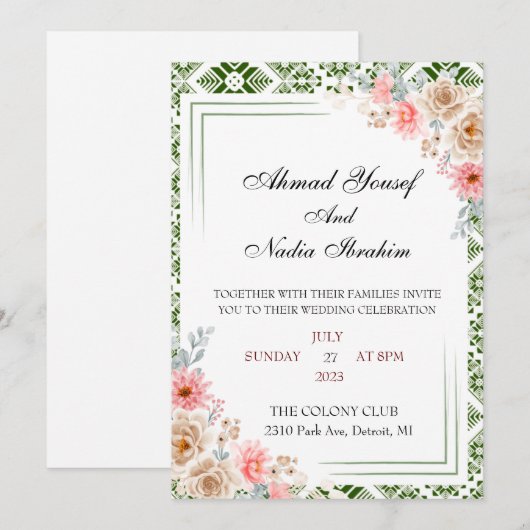 Palestijnse Tatreez bruiloft uitnodiging (Voorkant / Achterkant)