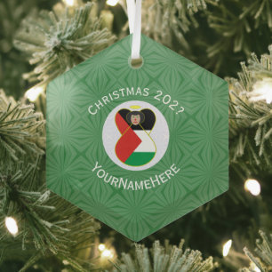 Palestijnse Vlag Kerstengel Naam Jaar Zeshoek Glas Ornament