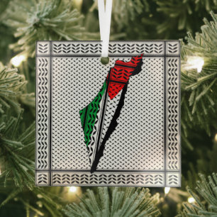 Palestina kaart met vlag en Keffiyeg patroon Glas Ornament