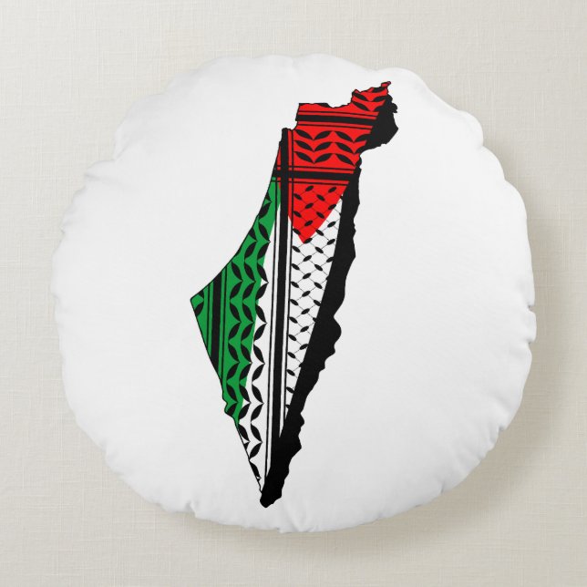 Palestina kaart met vlag en Keffiyeg patroon Rond Kussen (Voorkant)
