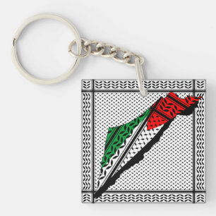 Palestina kaart met vlag en Keffiyeg patroon Sleutelhanger