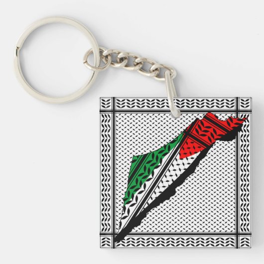 Palestina kaart met vlag en Keffiyeg patroon Sleutelhanger (voorkant)