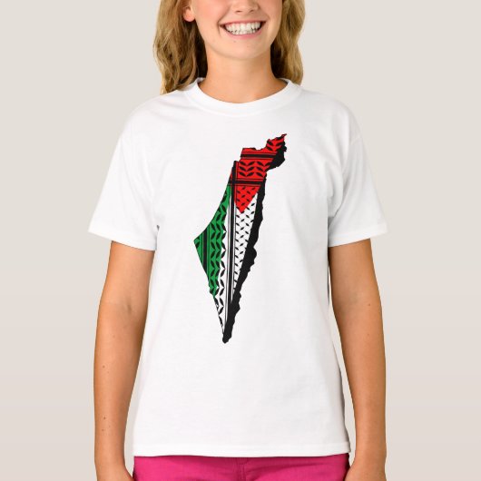 Palestina kaart met vlag en Keffiyeg patroon T-shirt (Voorkant)
