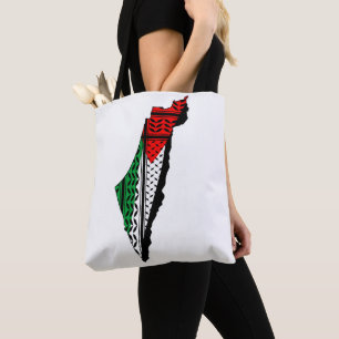 Palestina kaart met vlag en Keffiyeg patroon Tote Bag