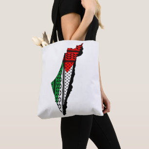 Palestina kaart met vlag en Keffiyeg patroon Tote Bag