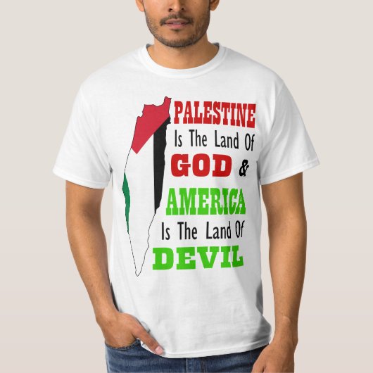 Palestina land of God America land of devil T-shirt (Voorkant)