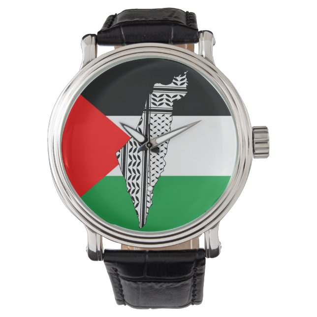 Palestina Vlag en Kaart met Keffiyeh Patroon Horloge (Voorkant)