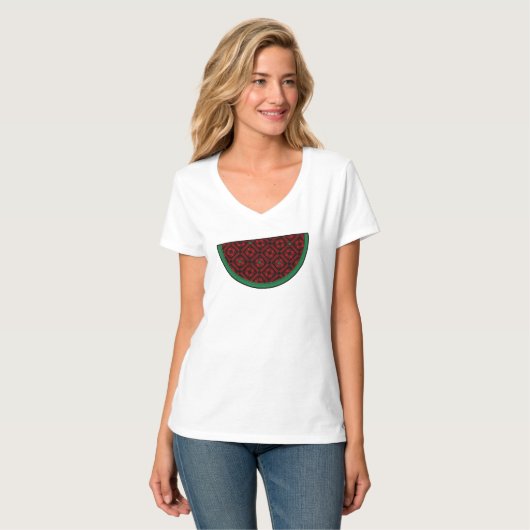 Palestina watermeloen Borduurwerk rode tatreez T-shirt (Voorkant volledig)
