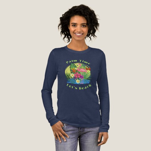 Palm and Flamingo Navy Long Sleeve TShirt (Voorkant)