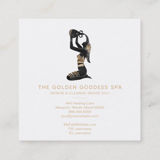 *~* Palm Bathing Golden Goddess with Water Urn Spa Vierkante Visitekaartje (Achterkant)