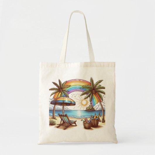 Palm Beach boom met regenboog en zon Tote Bag (Voorkant)