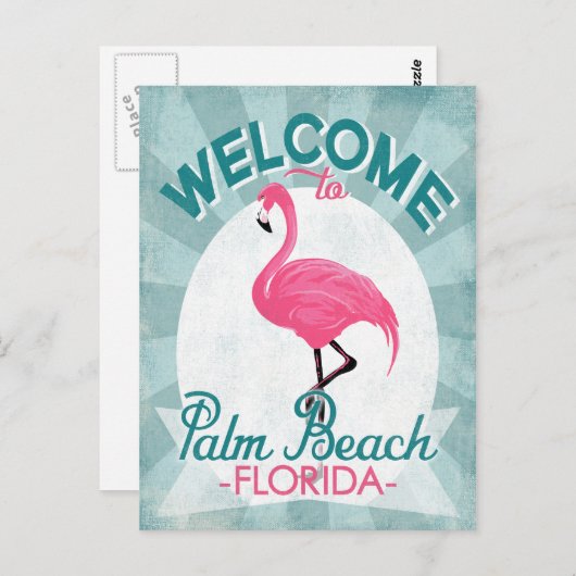 Palm Beach Florida Pink Flamingo - Retro T Briefkaart (Voorkant / Achterkant)