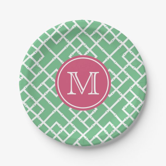 Palm Beach Green & Roze Geometric Bamboo Monogram Papieren Bordje (Voorkant)