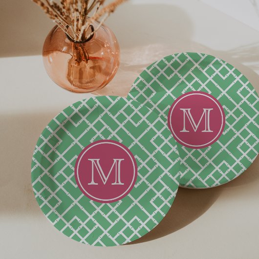 Palm Beach Green & Roze Geometric Bamboo Monogram Papieren Bordje
