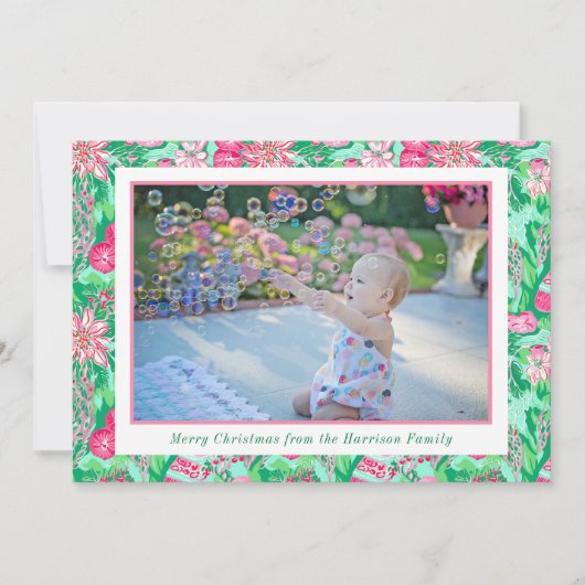 Palm Beach Kerst Roze & Groene Kousen Foto Feestdagenkaart (Voorkant)