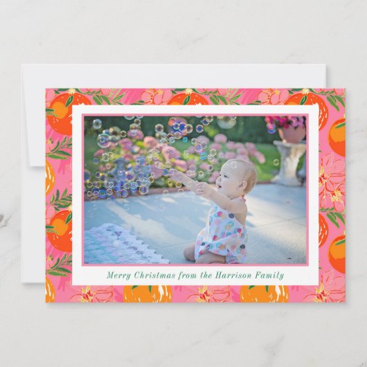 Palm Beach Kerst Roze & Oranje Ornamenten Foto Feestdagenkaart (Voorkant)