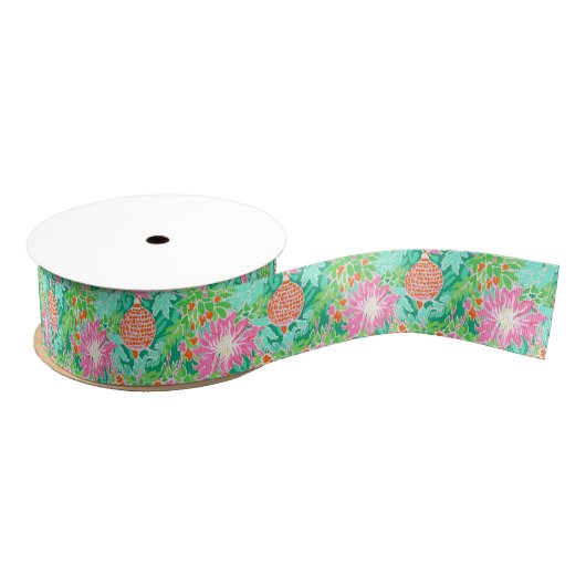 Palm Beach Kerst Waterverf Bloemen Ornamenten Grosgrain Lint (Spoel)