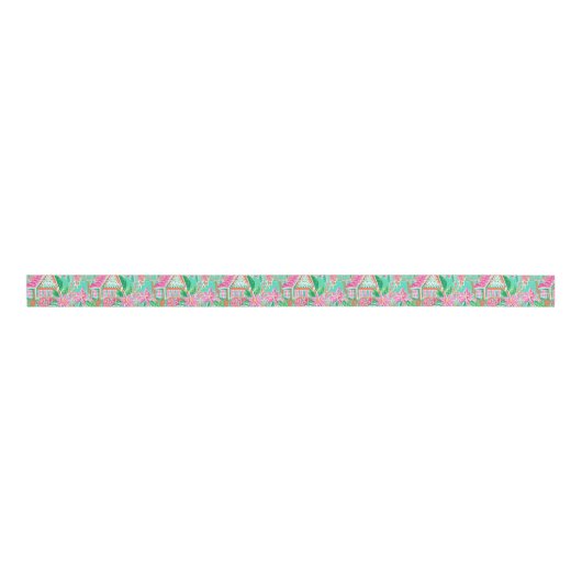 Palm Beach Kerst Waterverf Gingerbread Huizen Grosgrain Lint (Voorkant)