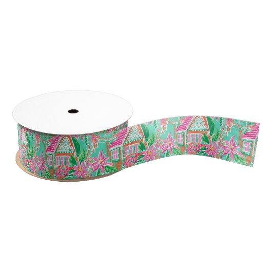 Palm Beach Kerst Waterverf Gingerbread Huizen Grosgrain Lint (Spoel)
