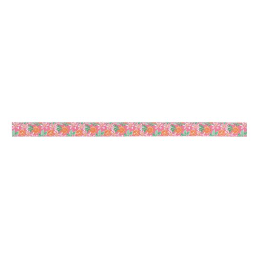 Palm Beach Kerst Waterverf Roze en Sinaasappels Grosgrain Lint (Voorkant)