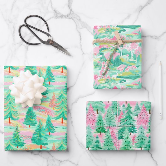 Palm Beach Kerst Waterverf Roze & Groen Inpakpapier Vel (Voorkant)