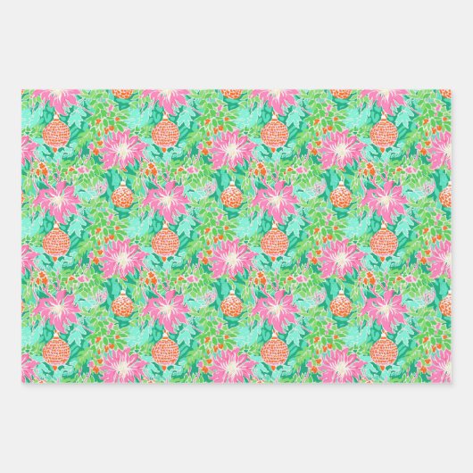 Palm Beach Kerst Waterverf Roze & Groen Inpakpapier Vel (Voorkant 3)