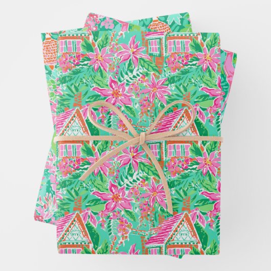 Palm Beach Kerst Waterverf Roze & Groen Inpakpapier Vel (In situ)