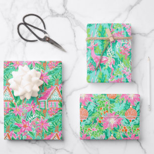 Palm Beach Kerst Waterverf Roze & Groen Inpakpapier Vel