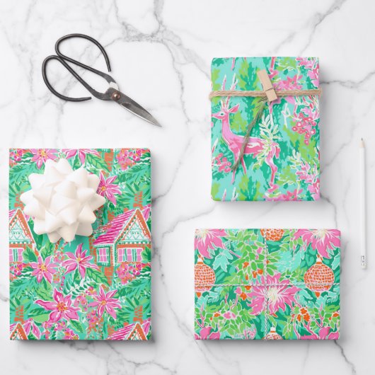 Palm Beach Kerst Waterverf Roze & Groen Inpakpapier Vel (Voorkant)