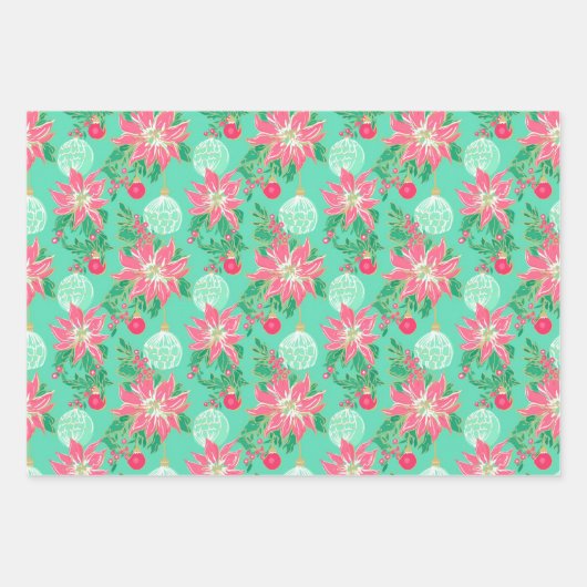 Palm Beach Kerst Waterverf Roze & Groen Inpakpapier Vel (Voorkant 3)
