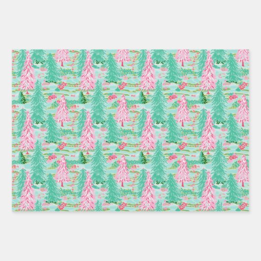 Palm Beach Kerst Waterverf Roze & Groen Inpakpapier Vel (Voorkant 2)