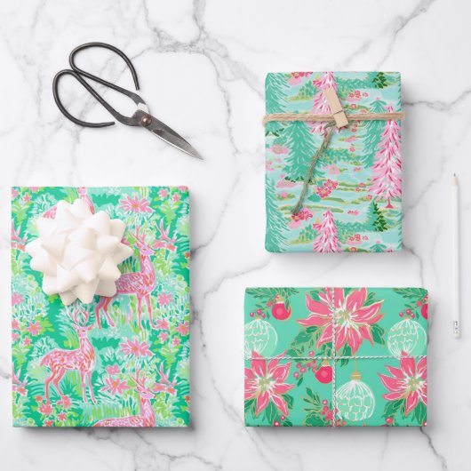 Palm Beach Kerst Waterverf Roze & Groen Inpakpapier Vel (Voorkant)