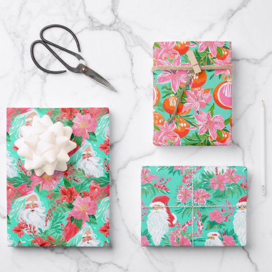 Palm Beach Kerst Waterverf Roze & Groen Inpakpapier Vel (Voorkant)