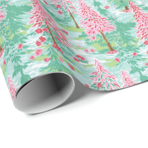 Palm Beach Kerst Waterverf Roze & Groene Bomen Cadeaupapier