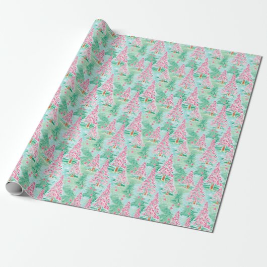 Palm Beach Kerst Waterverf Roze & Groene Bomen Cadeaupapier (Uitgerold)