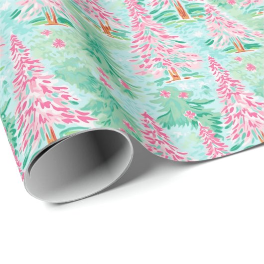 Palm Beach Kerst Waterverf Roze & Groene Bomen Cadeaupapier (Rol Hoek)
