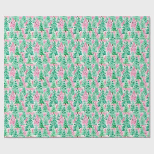 Palm Beach Kerst Waterverf Roze & Groene Bomen Cadeaupapier (Vlak)