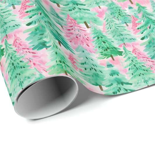 Palm Beach Kerst Waterverf Roze & Groene Bomen Cadeaupapier (Rol Hoek)