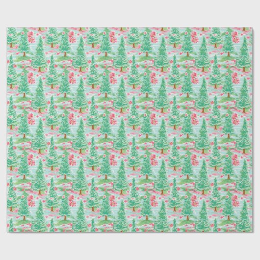 Palm Beach Kerst Waterverf Roze & Groene Bomen Cadeaupapier (Vlak)
