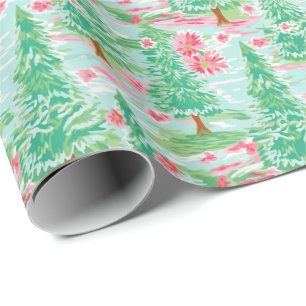 Palm Beach Kerst Waterverf Roze & Groene Bomen Cadeaupapier