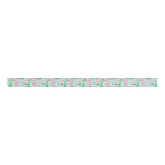 Palm Beach Kerst Waterverf Roze & Groene Bomen Grosgrain Lint (Voorkant)