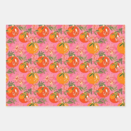 Palm Beach Kerst Waterverf Roze & Sinaasappel Inpakpapier Vel (Voorkant)