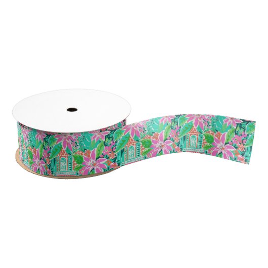 Palm Beach Kerst Waterverf Tropisch huis Grosgrain Lint (Spoel)