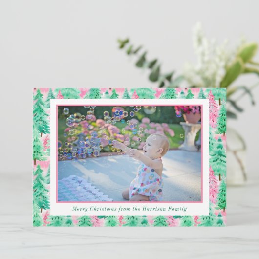 Palm Beach Kerstmis roze & groene bomen Foto Feestdagenkaart (Staand voorkant)