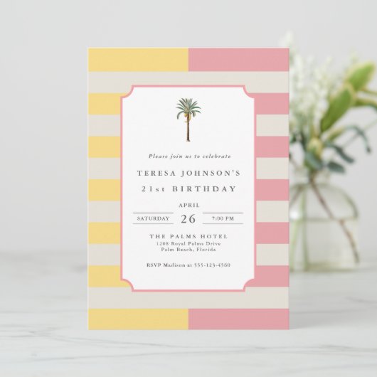 Palm Beach Pastel Stripe Tropical 21st Birthday Kaart (Staand voorkant)