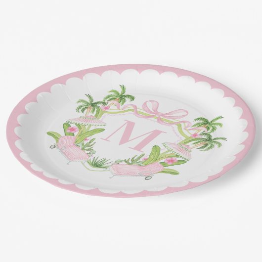 Palm Beach Pink Loungers Monogram Crest Papieren Bordje (Gekanteld)